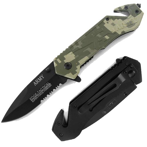 Army Rescue Folder Spring Assist Tactical Knife | Belt Cutter & Glass Breaker