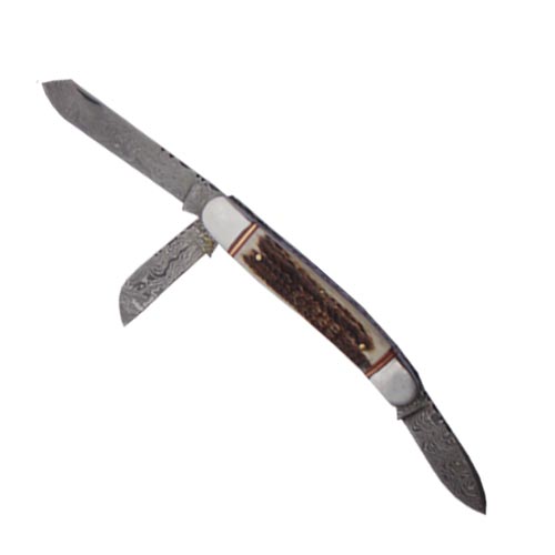 Damascus 3 Blade Folding Knife (Bone Handle)