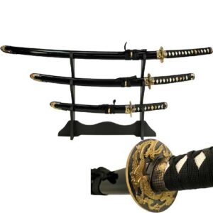 3 Pcs Black  Dragon Bushido Samurai Katana Sword Set