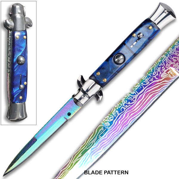 Rainbow Damascus Pattern Blue Automatic Stiletto Knife