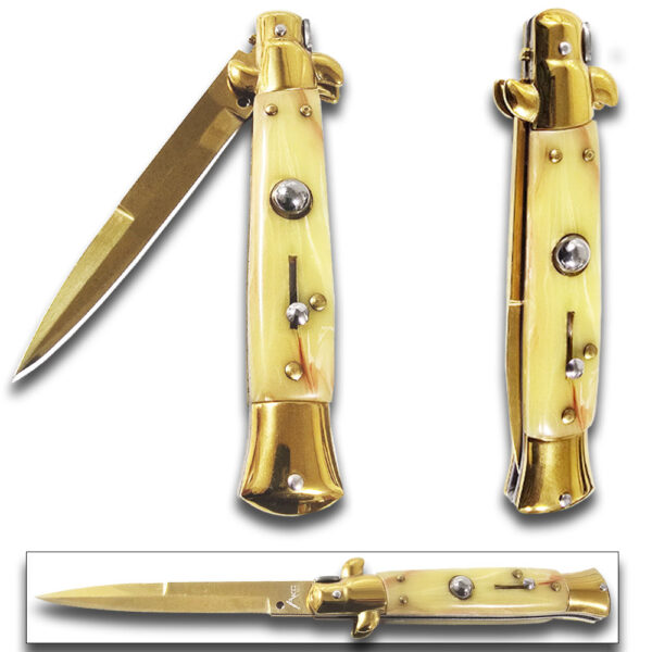 AKC Edition Blade Automatic Stiletto Knife Gold Pearl Handle