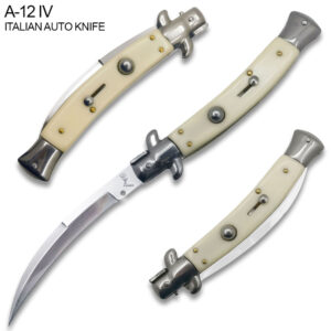 White Italian 9.75"  Stiletto Switch Curved Blade Pocket Knife