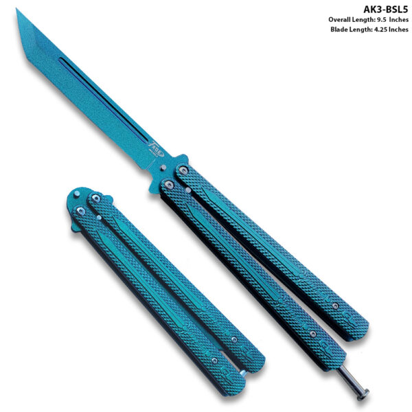 Tanto Swift Blue Balisong Green Coated Butterly Knife