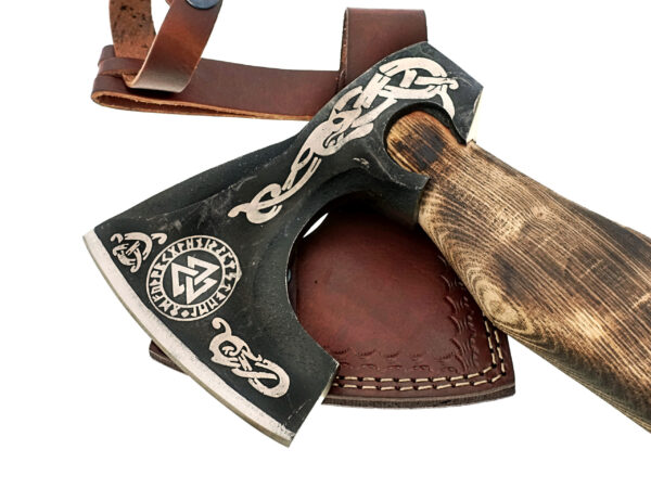 WHITE DEER Hand Forged Viking Axe With Custom Viking Etched  Brown Leather Wrapped Handle