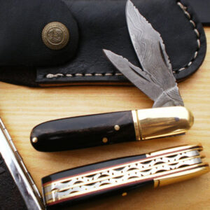 DAMASCUS BARLOW FOLDING KNIFE"W/ BUFFALO HORN&BRASS HANDLE