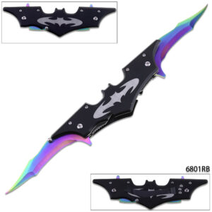 Double Bladed Spring Assisted Black Bat Pocket Knife Rainbow Blade
