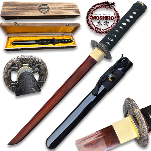 Moshiro Damascus Blade - Folded 1065 Dragon Tsuba Tanto Sword