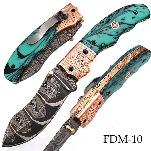 White Deer Executive Marble Series Damascus Folding Knife Brass & Copper File work