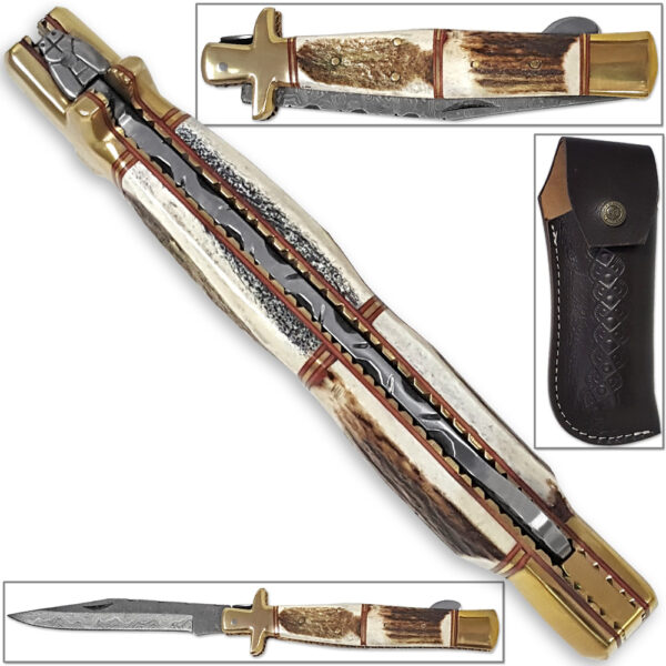 Tall Mans 11.25in Sicilian Damascus Knife Stag Grips Brass Bolstered