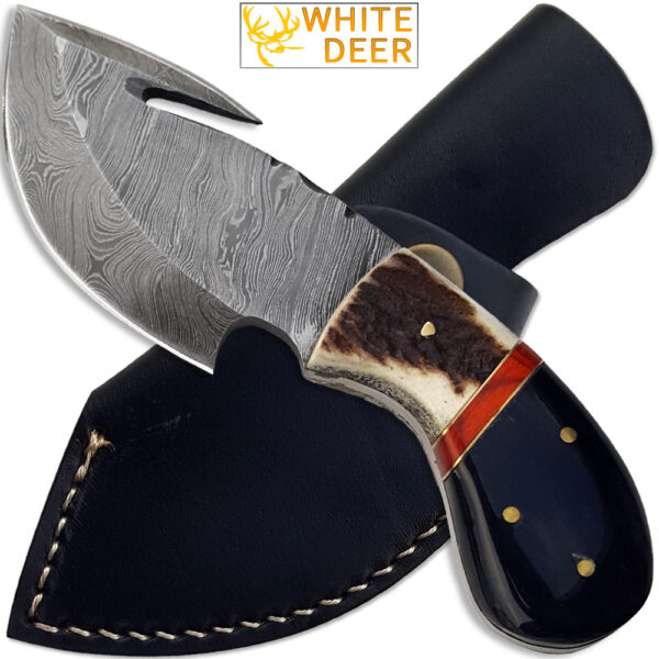WHITE DEER Guthook Pattern Welded Damascus Steel Tracker Knife Skinner Stag Handle