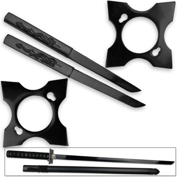 Ultimate Warrior Ninja Straitblade Katana Set All Black | Dual Knives, 2 Stars, 2 Kunai