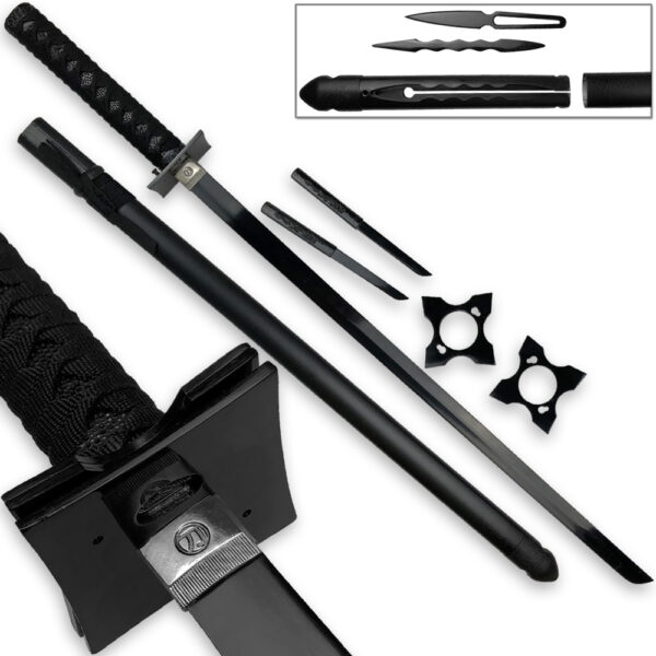Ultimate Warrior Ninja Straitblade Katana Set All Black | Dual Knives, 2 Stars, 2 Kunai