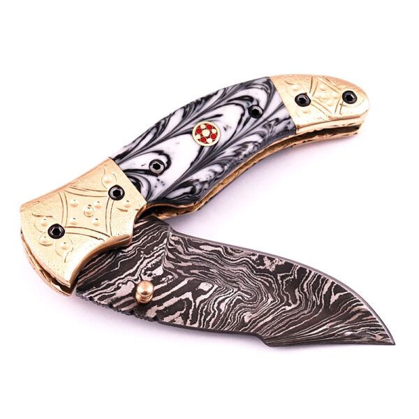 White Deer Executive Series White & Black Damascus Folding Knife