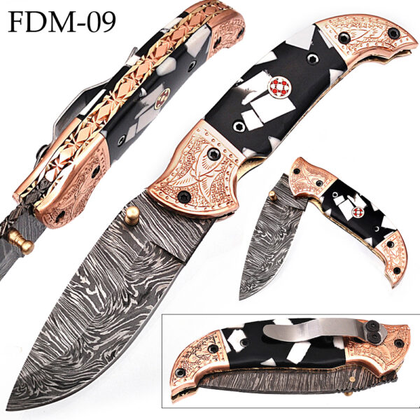 White Deer Executive Zebra Series Damascus Folding Knife Brass & Copper File work