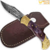 WHITE DEER Lockback Damascus Folding Knife Purple Giraffe Bone Handle Engraved Bolster