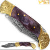 WHITE DEER Lockback Damascus Folding Knife Purple Giraffe Bone Handle Engraved Bolster