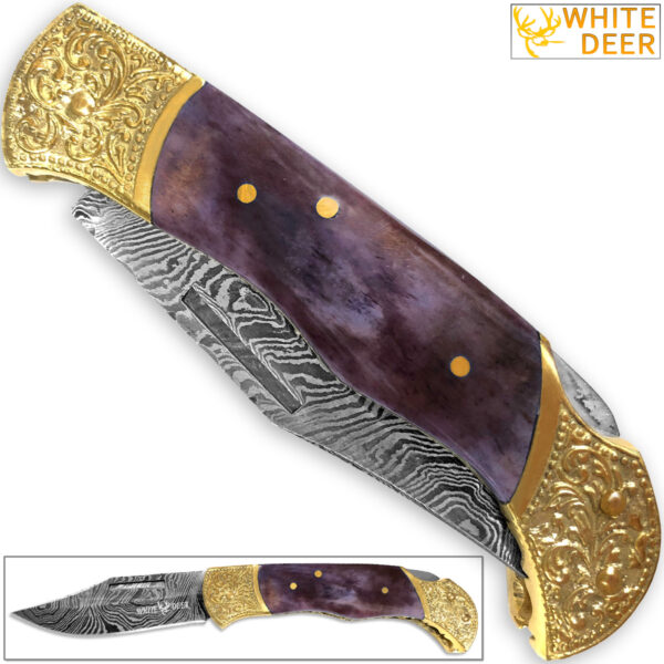 WHITE DEER Lockback Damascus Folding Knife Purple Giraffe Bone Handle Engraved Bolster