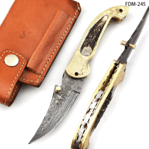 WHITE DEER Bird of Prey Damascus Folding Knife Genuine Brass & Stag Handle