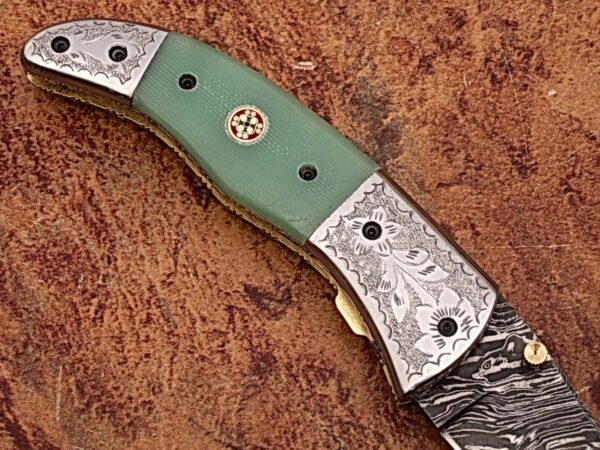 Magnum Trailmaster Damascus Folding Knife ENGRAVED Steel Bolster Composite Grip