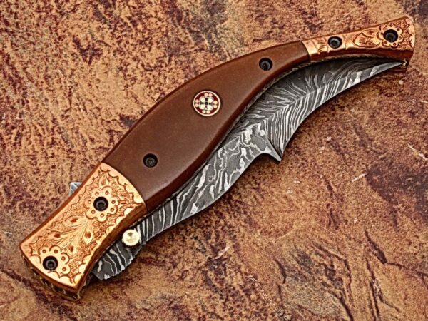 Executive Series MAGNUM COMBLOCK Damascus Folding Knife Bakelite Solid Copper ENGRAVED Bolstered
