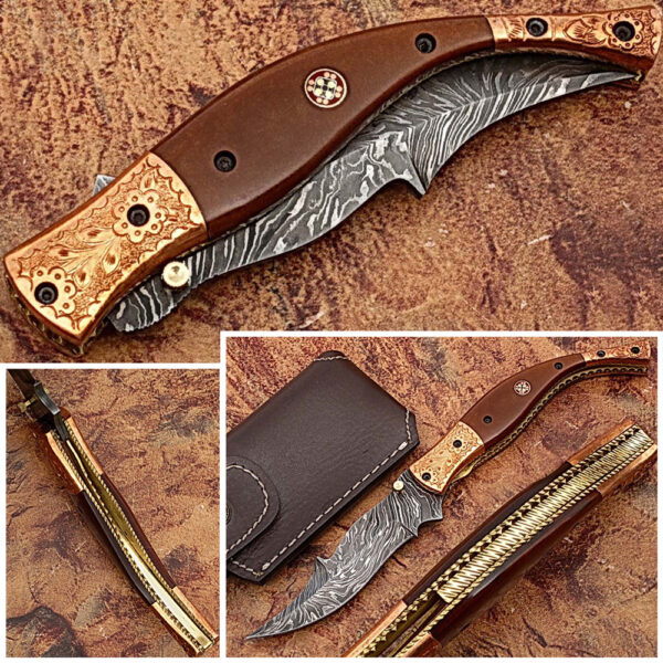Executive Series MAGNUM COMBLOCK Damascus Folding Knife Bakelite Solid Copper ENGRAVED Bolstered
