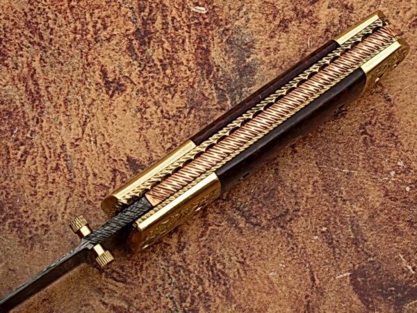 Signature Executive Series Italian-Style Damascus Folding Knife ENGRAVED Brass Bolster Rainwood Grip