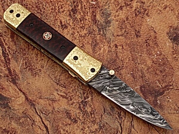 Signature Executive Series Italian-Style Damascus Folding Knife ENGRAVED Brass Bolster Rainwood Grip