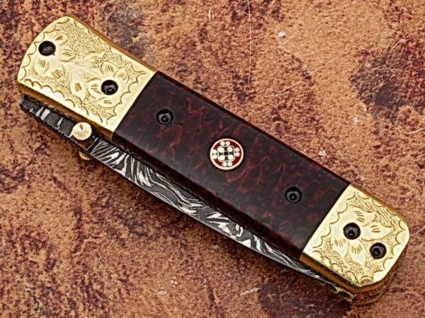Signature Executive Series Italian-Style Damascus Folding Knife ENGRAVED Brass Bolster Rainwood Grip