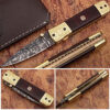 Signature Executive Series Italian-Style Damascus Folding Knife ENGRAVED Brass Bolster Rainwood Grip