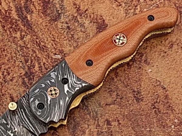 Signature Drop Point Unique Damascus Steel Folding Knife Micarta Wood Handle Handmade