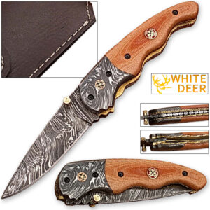 Signature Drop Point Unique Damascus Steel Folding Knife Micarta Wood Handle Handmade
