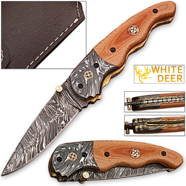 Signature Drop Point Unique Damascus Steel Folding Knife Micarta Wood Handle Handmade