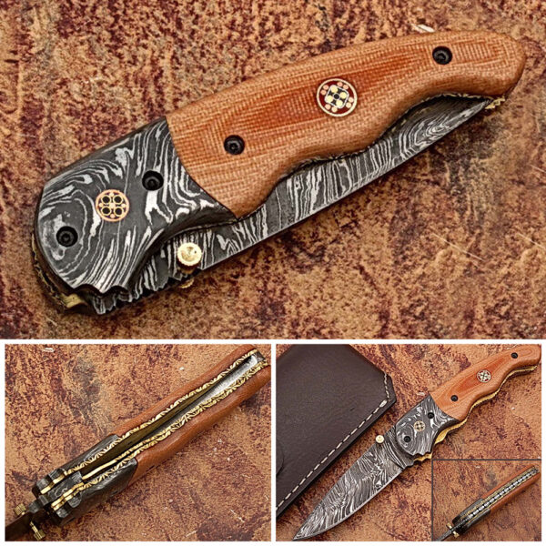 Signature Drop Point Unique Damascus Steel Folding Knife Micarta Wood Handle Handmade