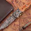 Signature Drop Point Unique Damascus Steel Folding Knife Micarta Wood Handle Handmade