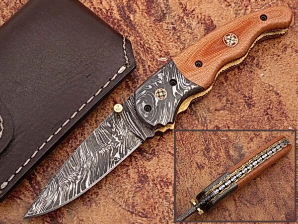 Signature Drop Point Unique Damascus Steel Folding Knife Micarta Wood Handle Handmade