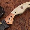 WHITE DEER Executive Series Damascus Folding Knife Rose Copper Bolster Bison Grip
