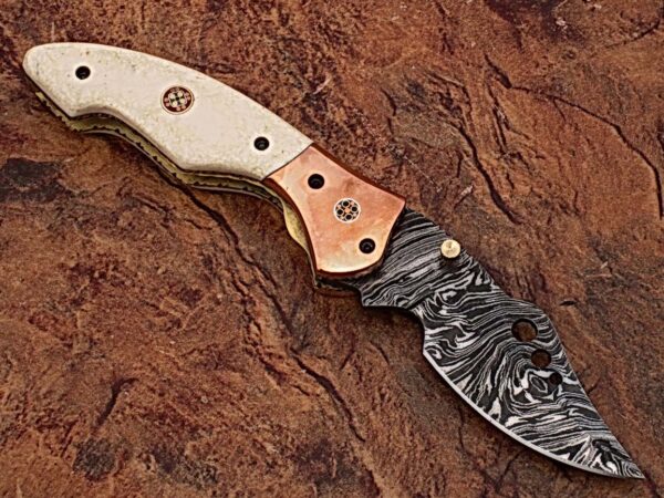 WHITE DEER Executive Series Damascus Folding Knife Rose Copper Bolster Bison Grip