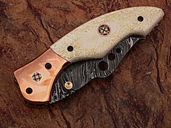 WHITE DEER Executive Series Damascus Folding Knife Rose Copper Bolster Bison Grip