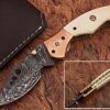 WHITE DEER Executive Series Damascus Folding Knife Rose Copper Bolster Bison Grip