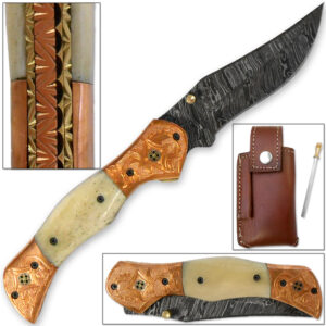 Magnum Rancher Damascus Folding Knife Engraved Copper Bolster Camel Bone Grip