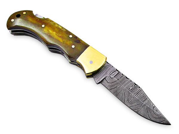 White Deer Executive Series Damascus Folding Knife Camel Bone Handle