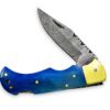 White Deer Executive Series Damascus Folding Knife Blue Camel Bone Handle