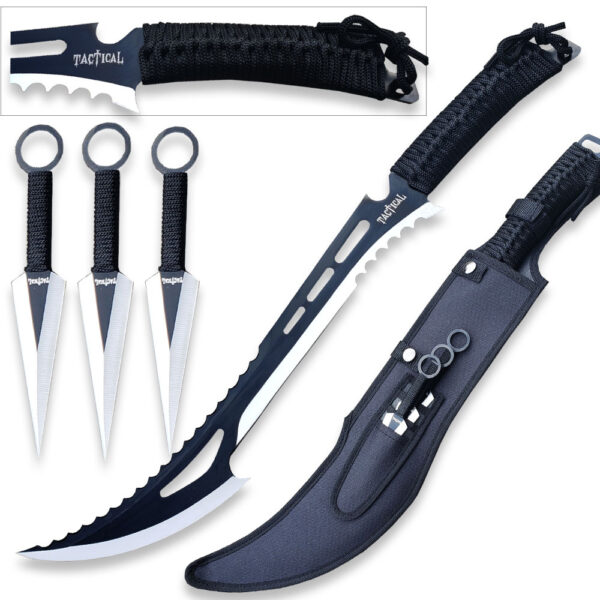 Black Tactical Killer Machete With 3pcs Throwing Knives Set