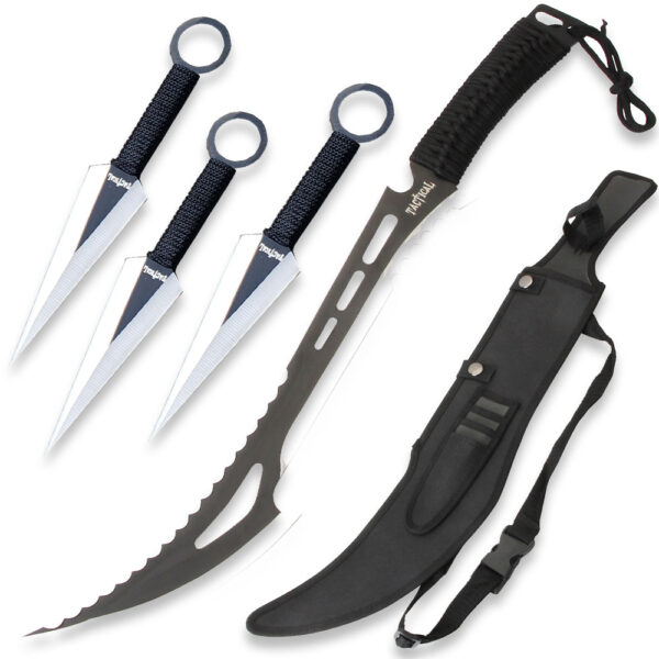 Black Tactical Killer Machete With 3pcs Throwing Knives Set
