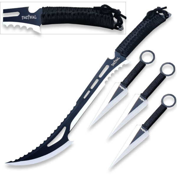 Black Tactical Killer Machete With 3pcs Throwing Knives Set