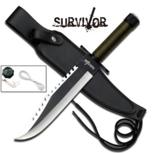 Survivor Sawback Bowie Knife w Survival Kit | Drop Leg Holster Leather Sheath