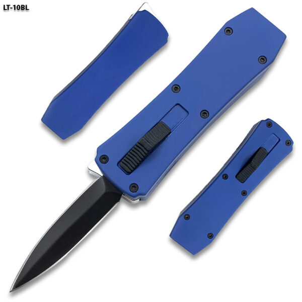 Butane Lighter OTF Knife Spear Point, Double Edged Black Blade