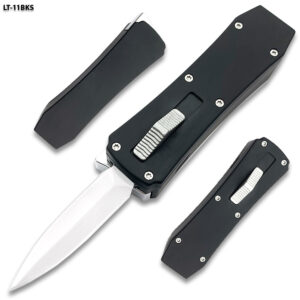Butane Lighter OTF Knife Spear Point, Double Edged OD Green Handle