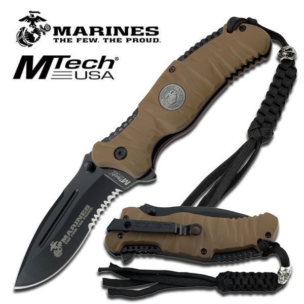 US Marines Spring Assisted Knife with 4MM Black Blade & Desert A