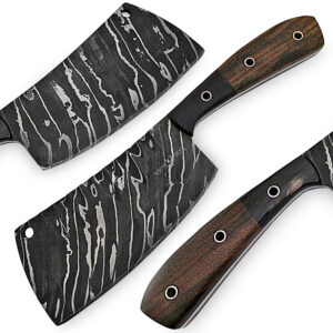 White Deer Grooved Damascus Steel Butchers Cleaver Knife Horn & Hardwood Handle